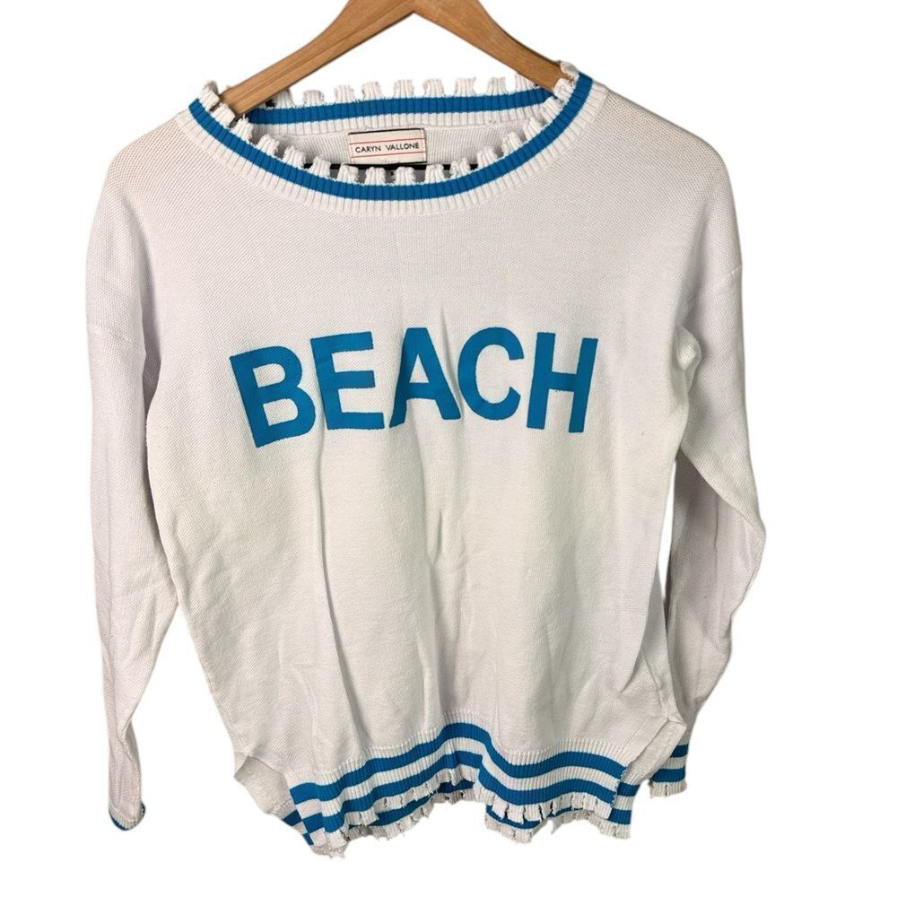Caryn Vallone White & Aqua Blue Beach Designer Sweater, Lightweight